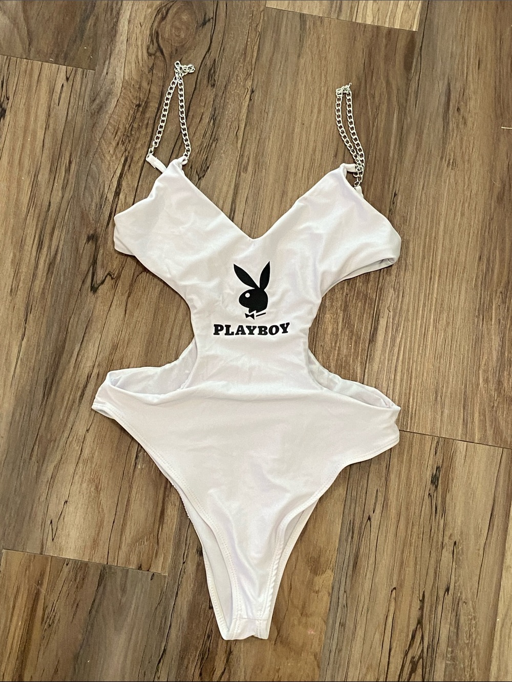 Playboy White Chain-Strap Kids One Piece Swimsuit costume Halloween dress up S